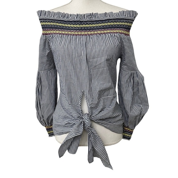 Parker Emmanuelle Smocked Striped Top Blue And White Top Size XS NEW WITH TAGS - Picture 2 of 9